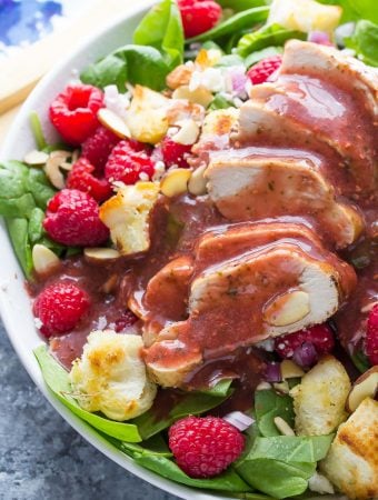 spinach panzanella with chicken and raspberry basil dressing