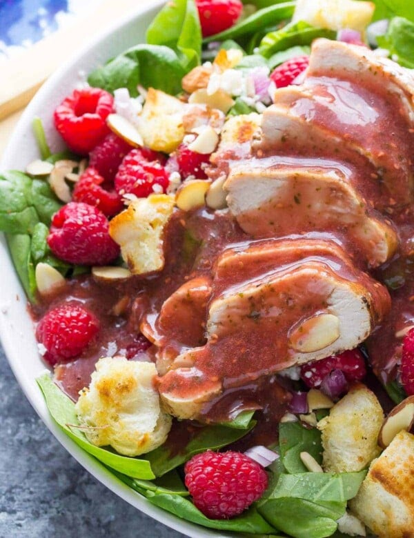 spinach panzanella with chicken and raspberry basil dressing