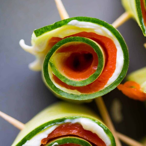 smoked salmon cucumber roll ups on skewers