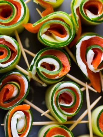 10 smoked salmon cucumber roll ups on skewers