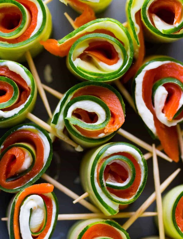10 smoked salmon cucumber roll ups on skewers