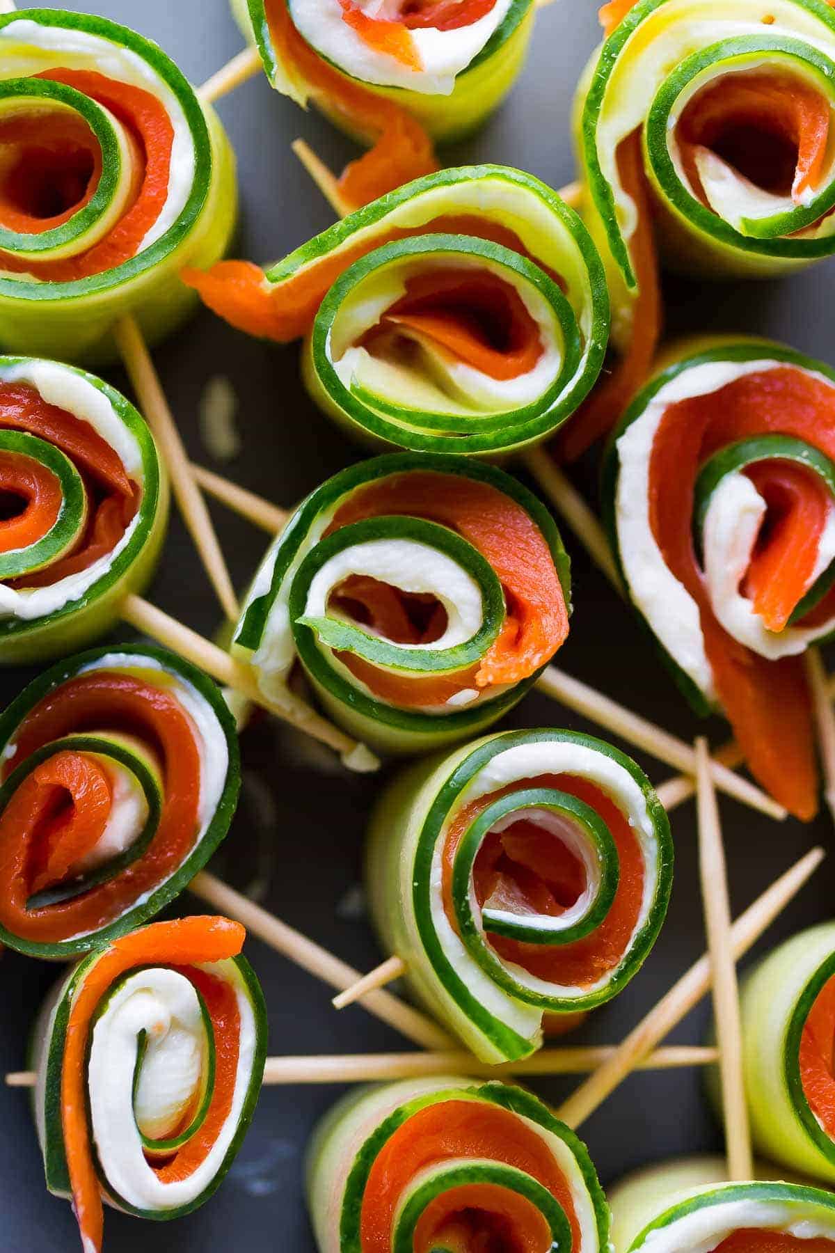 Close up of smoked salmon roll ups