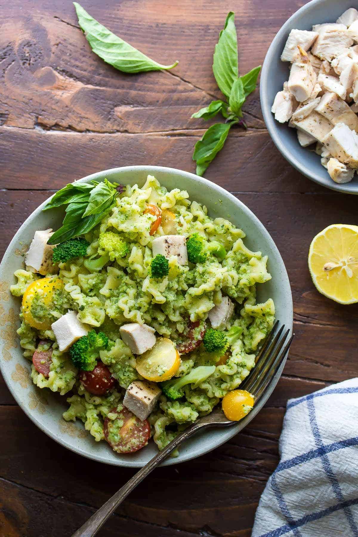 Almond Broccoli Pesto Pasta Recipe with Chicken, an easy, healthy 30 minute dinner recipe!