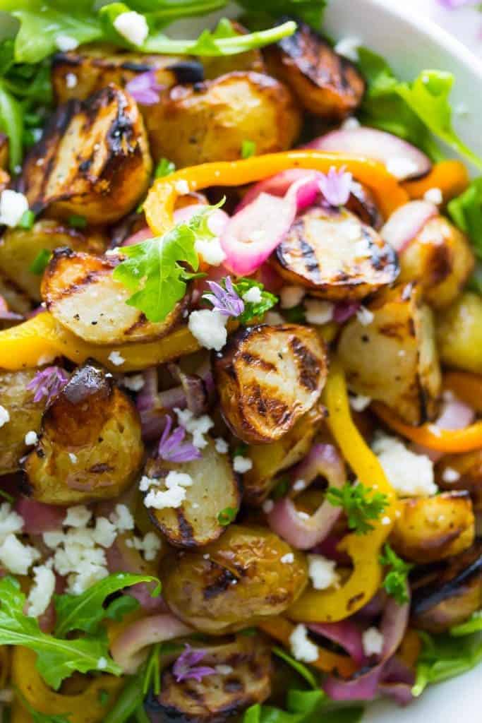 Grilled Potato Salad with Onions, Peppers and Arugula