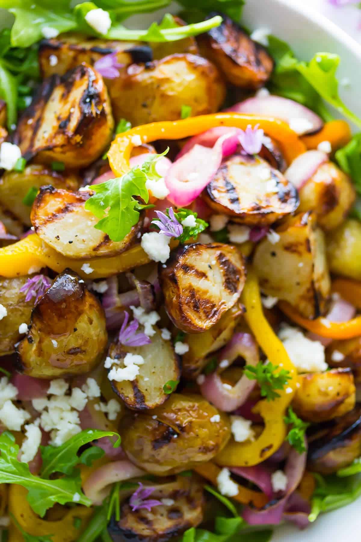 Grilled Potato Salad With Onions, Peppers And Arugula