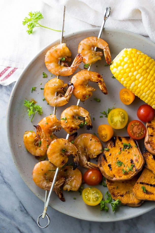 Chipotle Grilled Shrimp Skewers with Maple Glaze Sweet Peas & Saffron