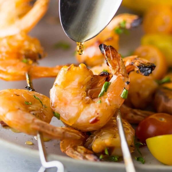 chipotle grilled shrimp with maple glaze on skewers