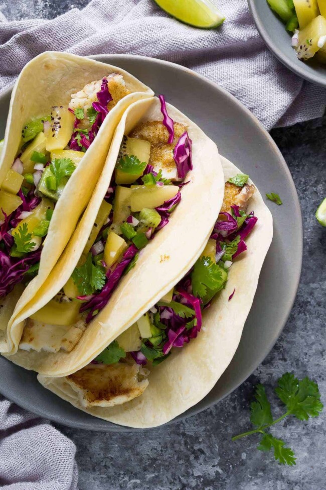 Grilled Fish Tacos with Kiwi Jalapeño Salsa - Sweet Peas and Saffron