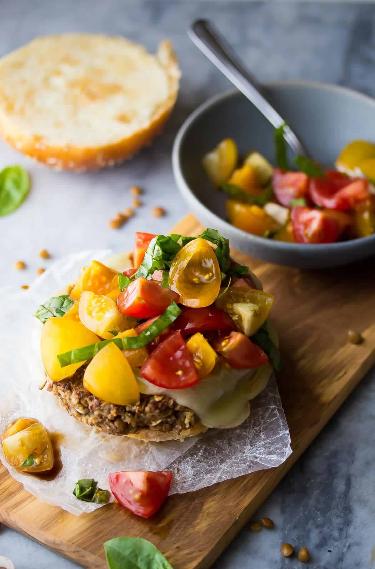 Mushroom and Lentil Bruschetta Burger plated open faced 