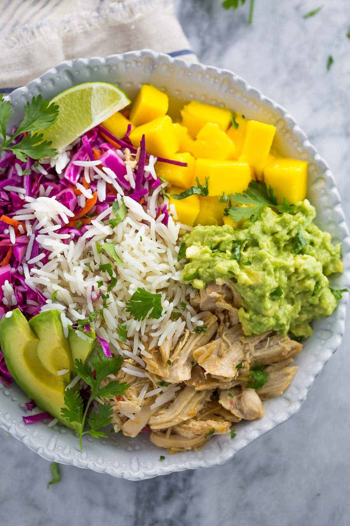 overhead view of sweet chili chicken rice bowls 