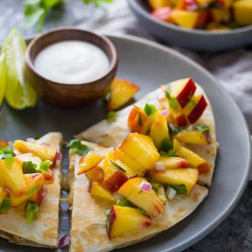 Sweet Chili Chicken Quesadillas + Peach Salsa