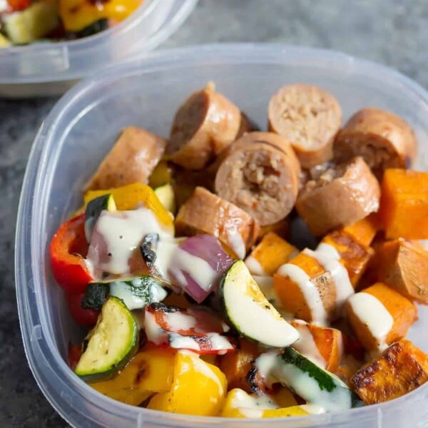 turkey sausage sweet potato lunch bowl in meal prep container
