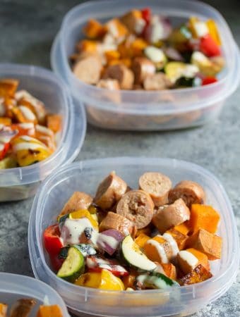 turkey sausage sweet potato lunch bowl in three meal prep containers