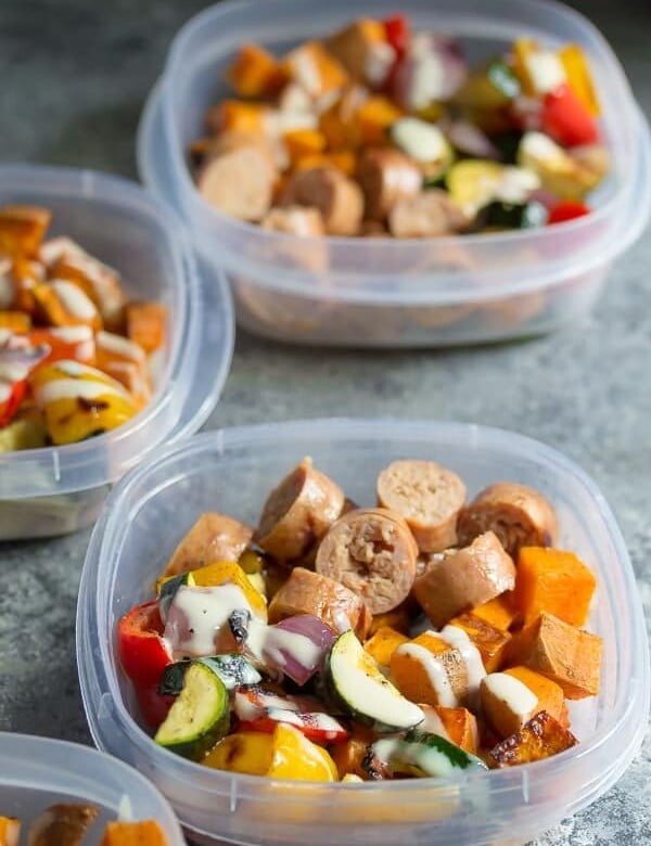 turkey sausage sweet potato lunch bowl in three meal prep containers
