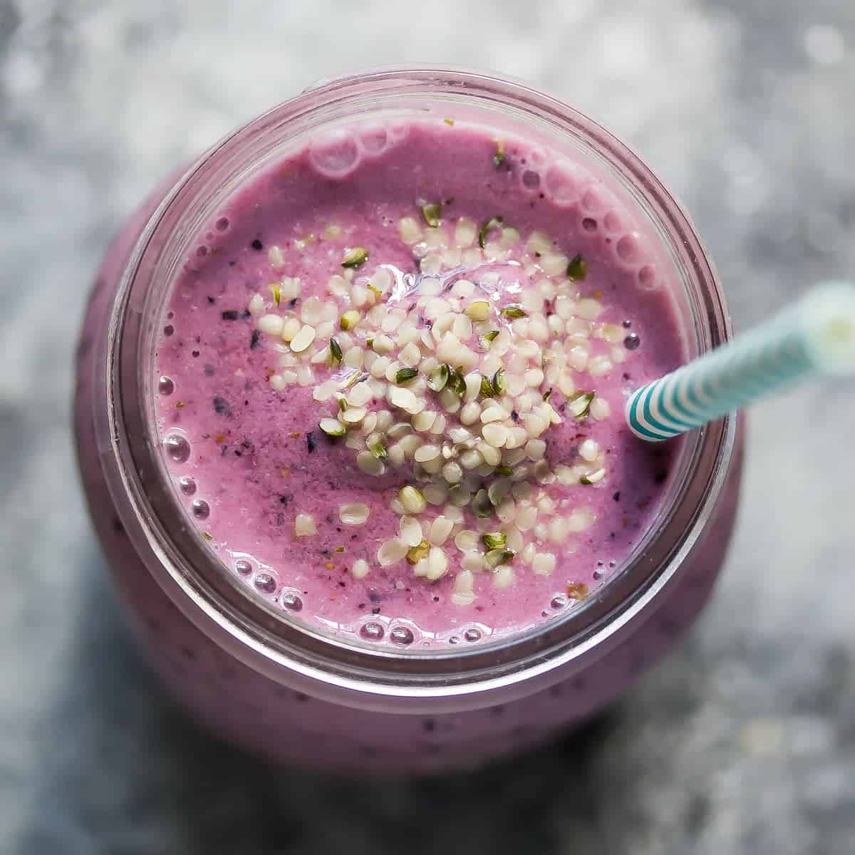 overhead view of breakfast smoothie 3 blueberry coconut water