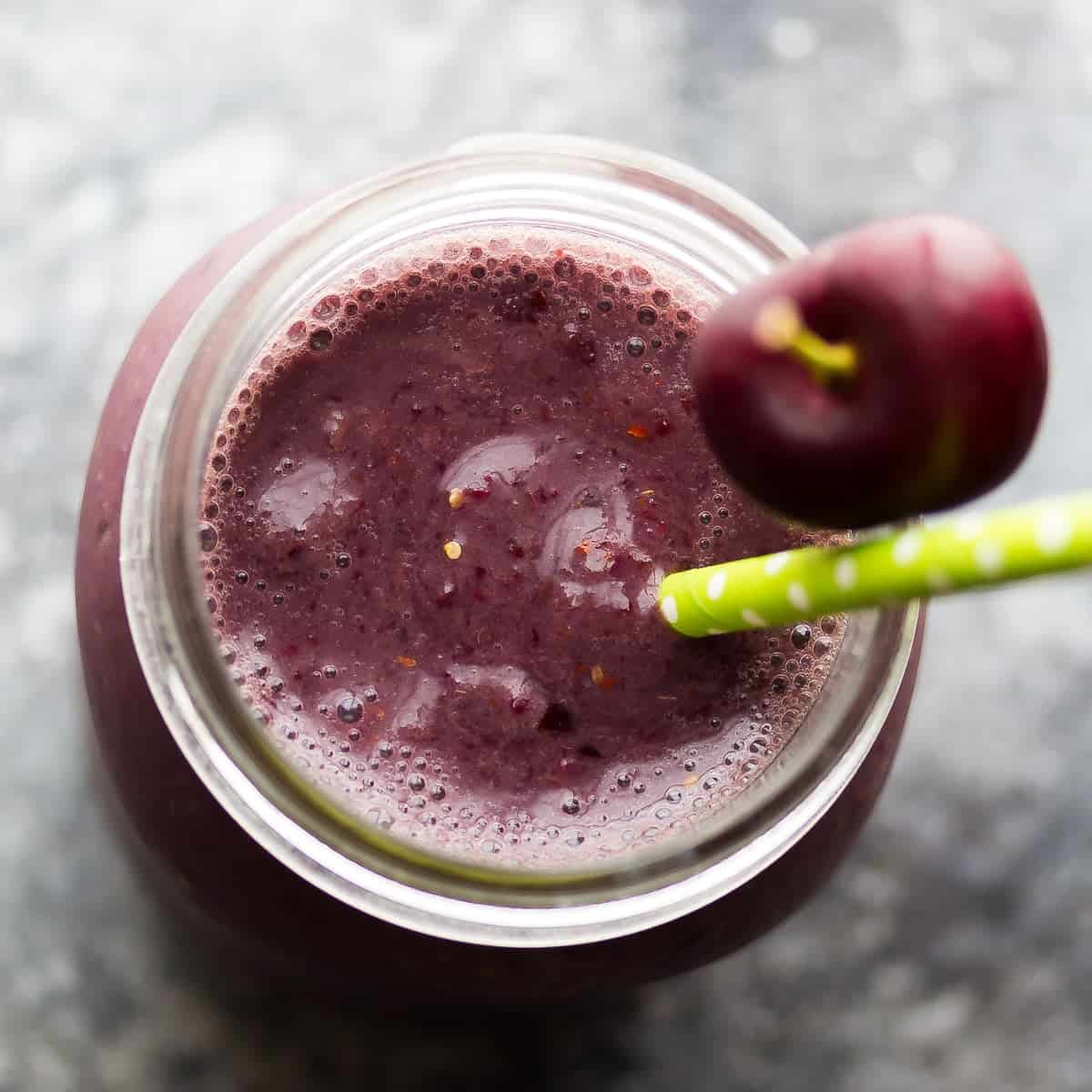 overhead view of breakfast smoothie number five: Cherry Peach Goji Berry Smoothie