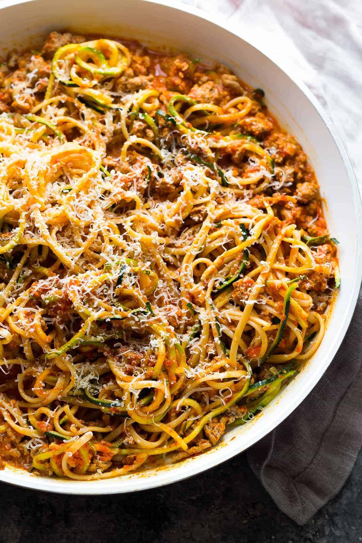 overhead view of Ground Turkey Pasta in Romesco Sauce in a large pan