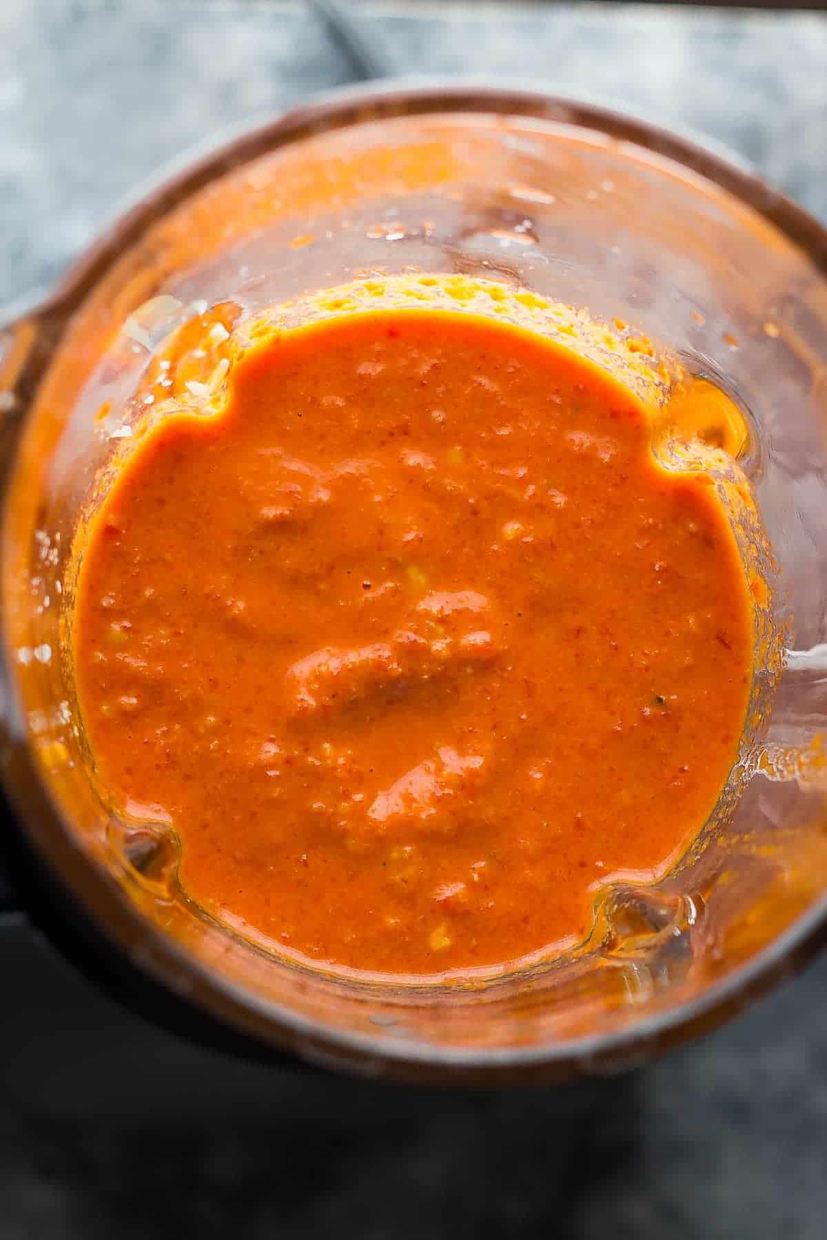 romesco sauce in blender after blending through