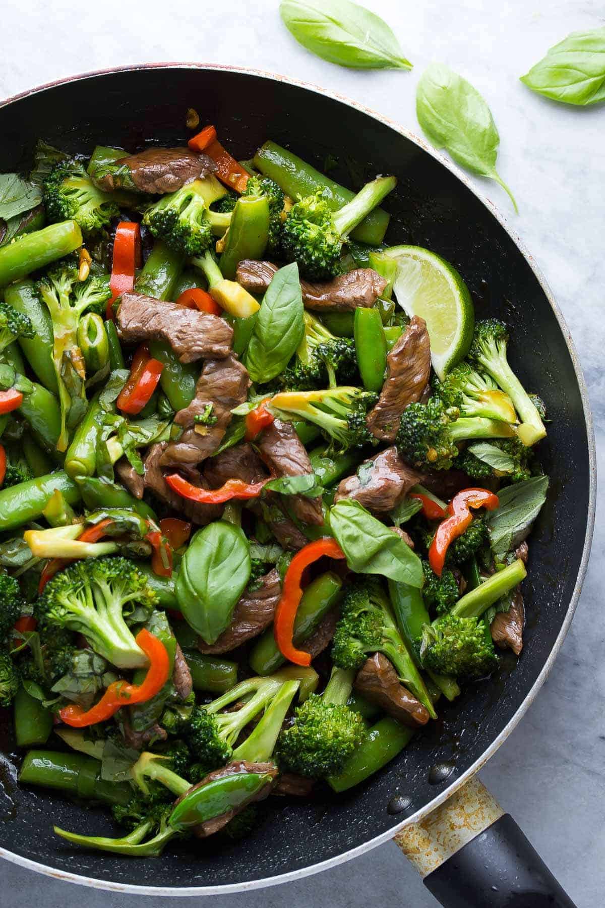 overhead view of Thai basil beef in a frying pan