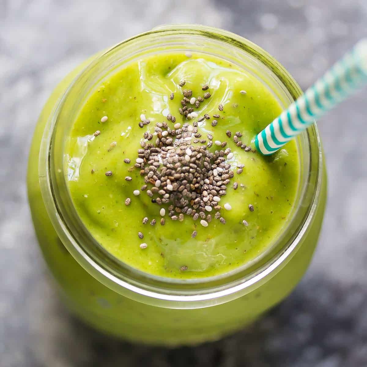 overhead view of breakfast smoothie number 4: Mango Almond Spinach