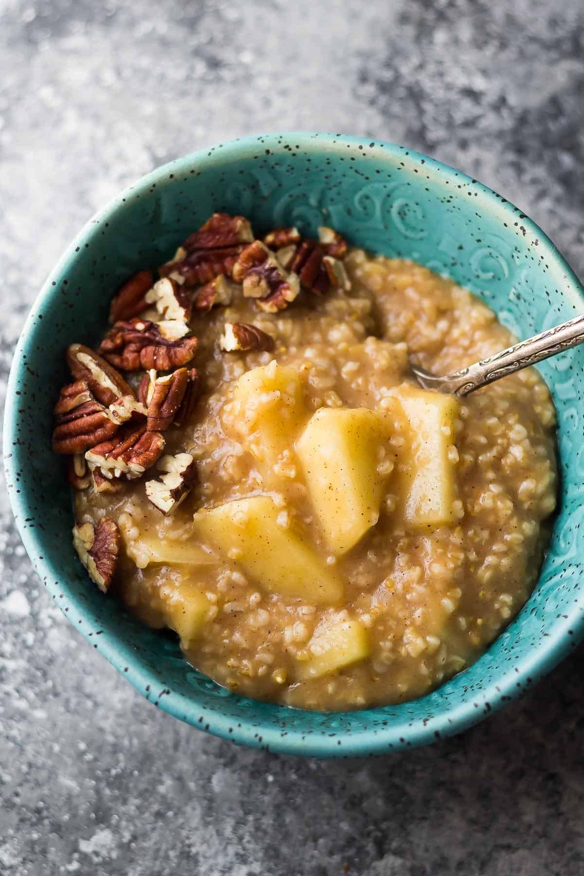 Maple Apple Steel Cut Oats in blue bowl