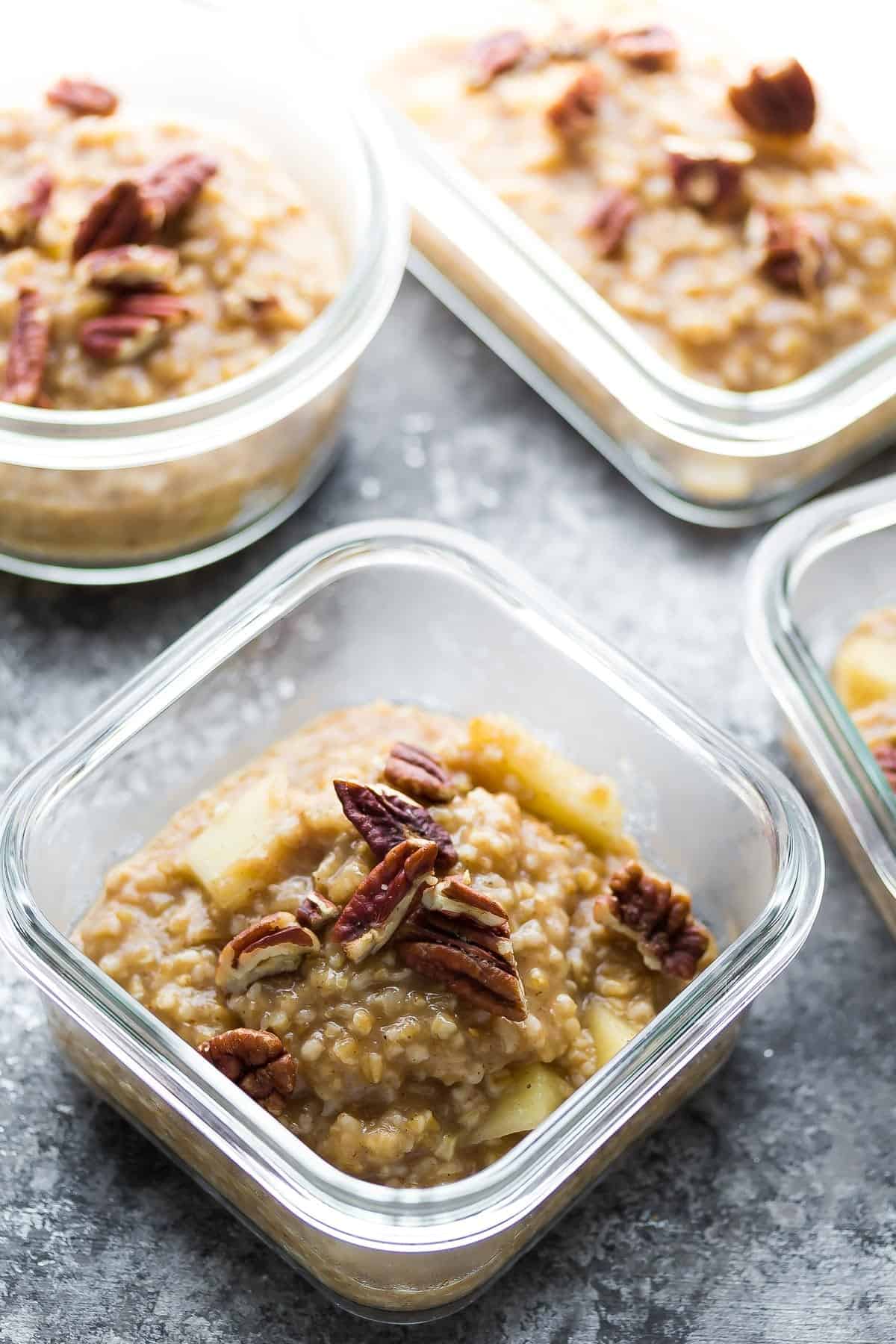 Maple Apple Steel Cut Oats in meal prep containers