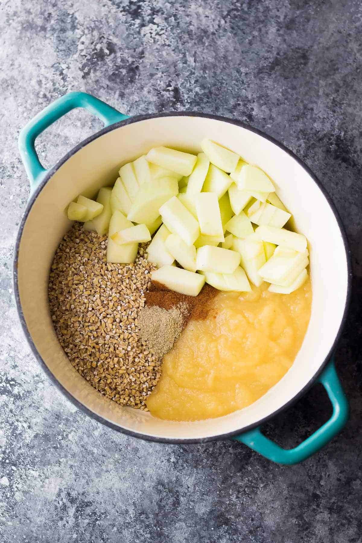 Maple Apple Steel Cut Oats ingredients in pot before cooking