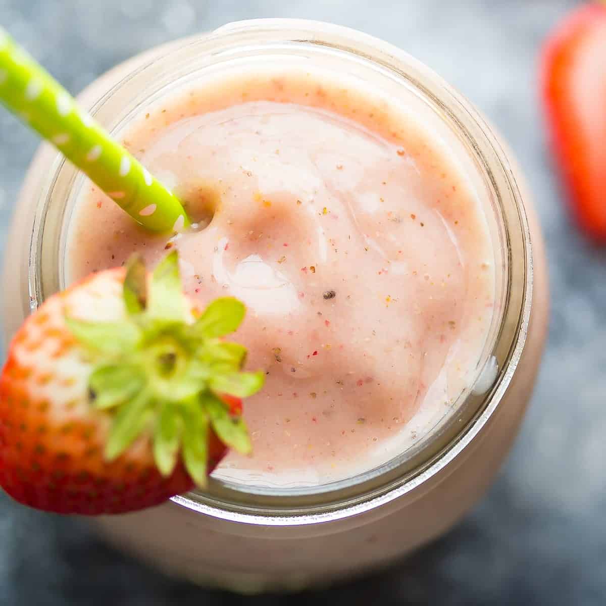 overhead view of breakfast smoothie number six: Strawberry Mango Chai Smoothie-2