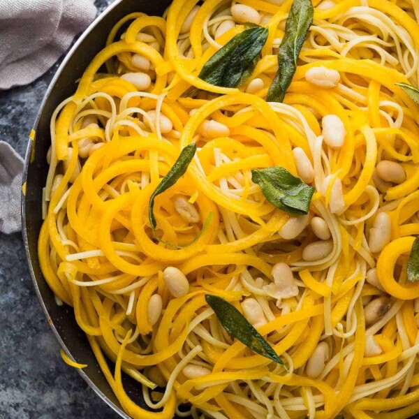 Overhead shot of butternut squash noodles with sage and brown butter