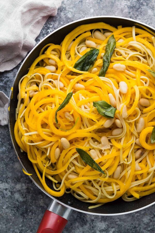 Overhead shot of butternut squash noodles with sage and brown butter
