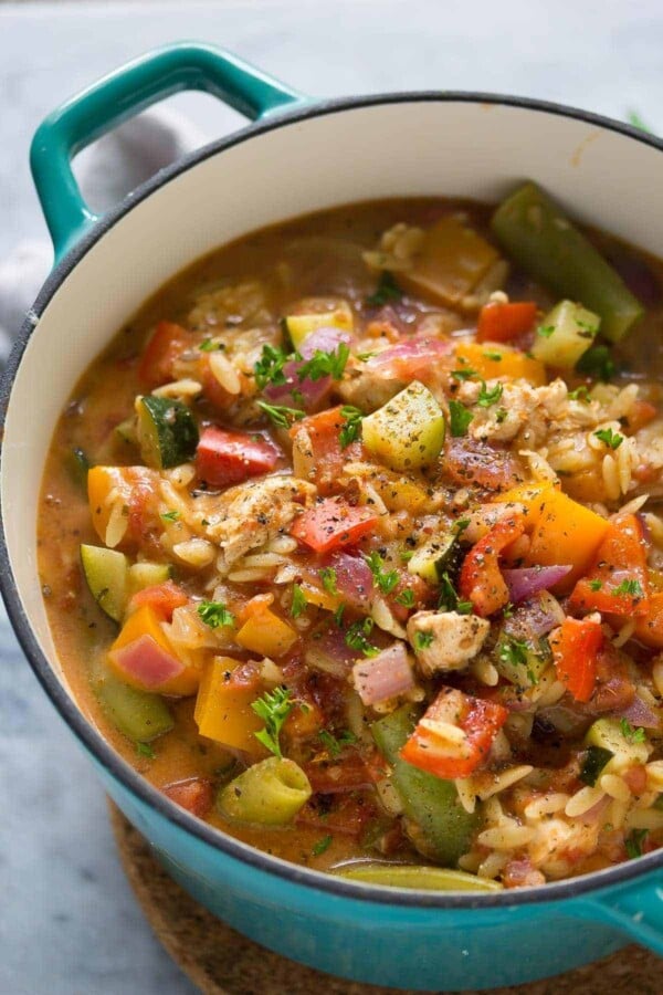 One Pot Healthy Cajun Chicken Orzo - Sweet Peas and Saffron