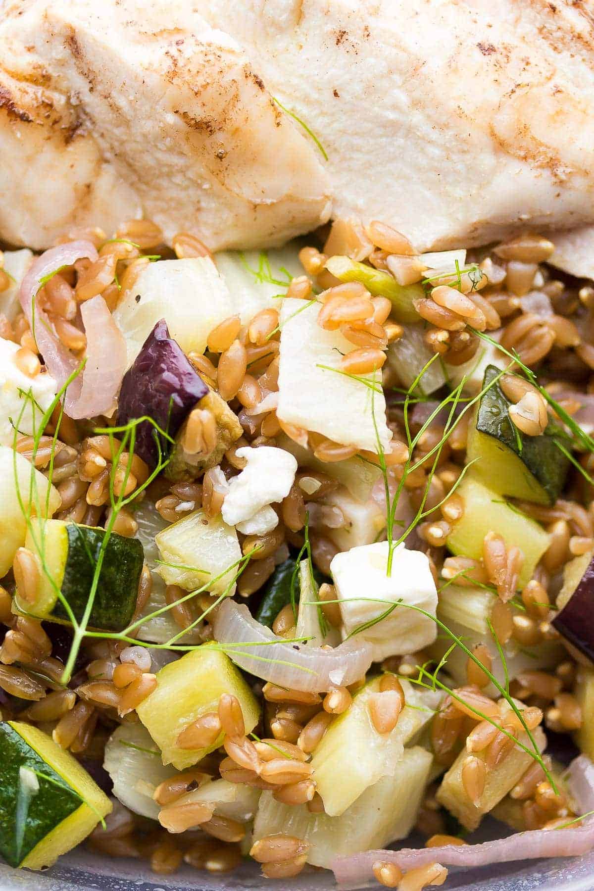 close up of mediterranean chicken lunch bowls