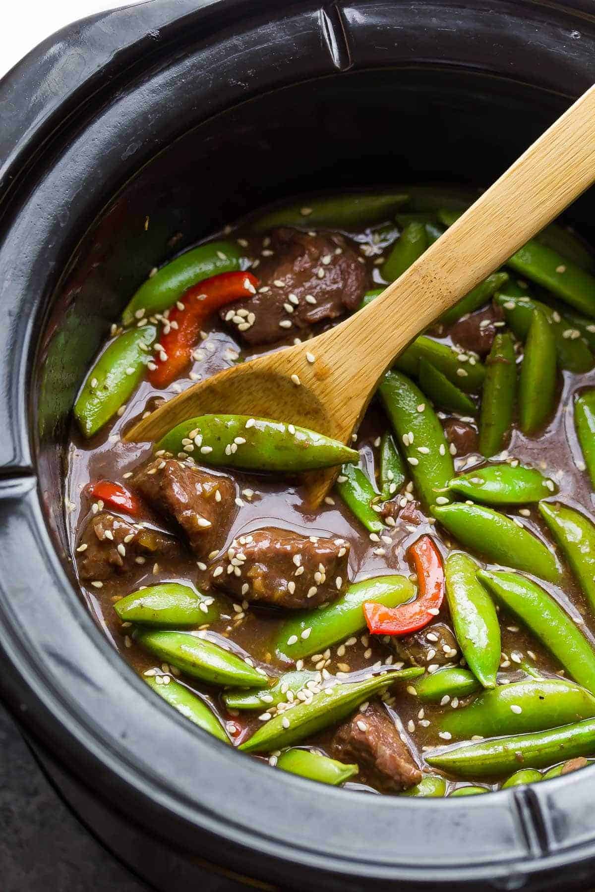 Finished Sesame Beef with Snap Peas recipe in slow cooker