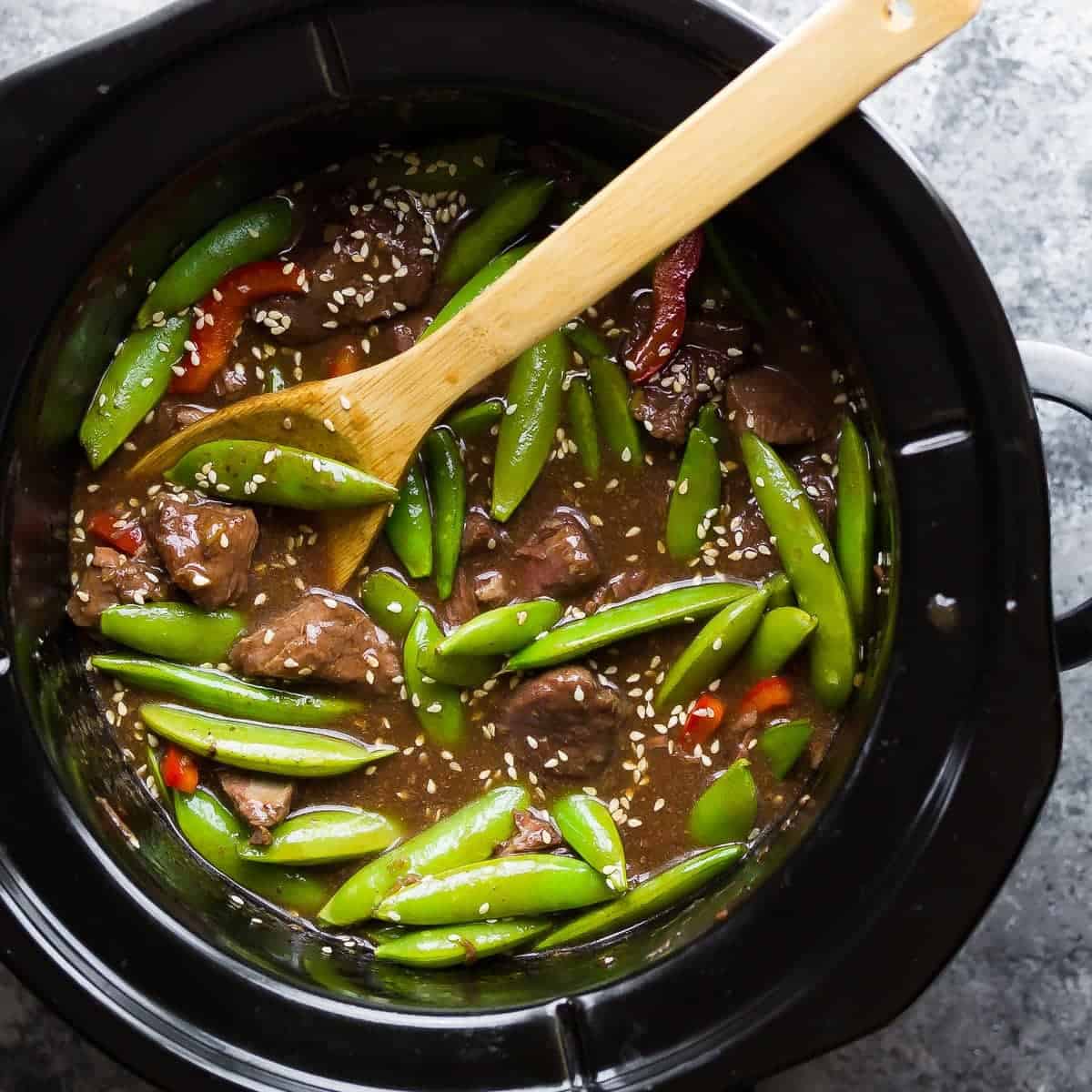 Finished Sesame Ginger Beef with Snap Peas recipe in slow cooker