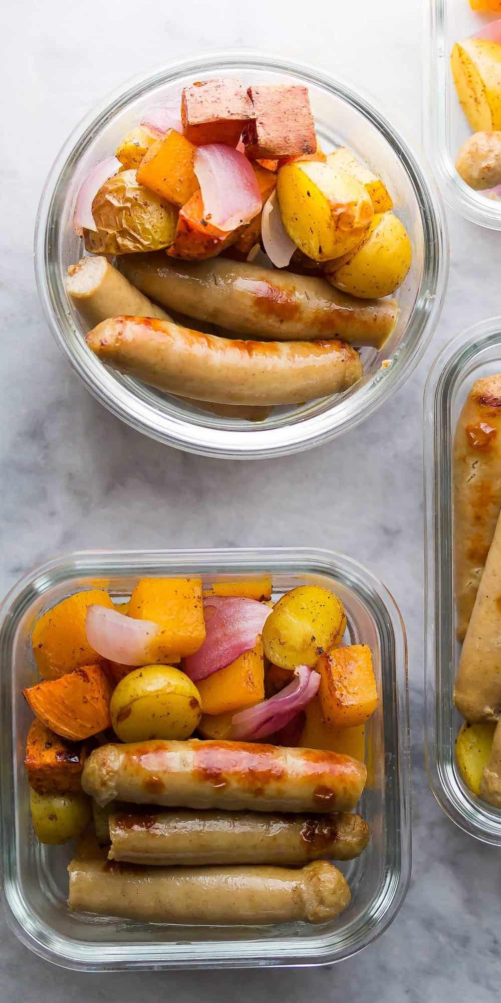 Sausage Breakfast Bowls with potatoes, butternut squash and sweet potatoes