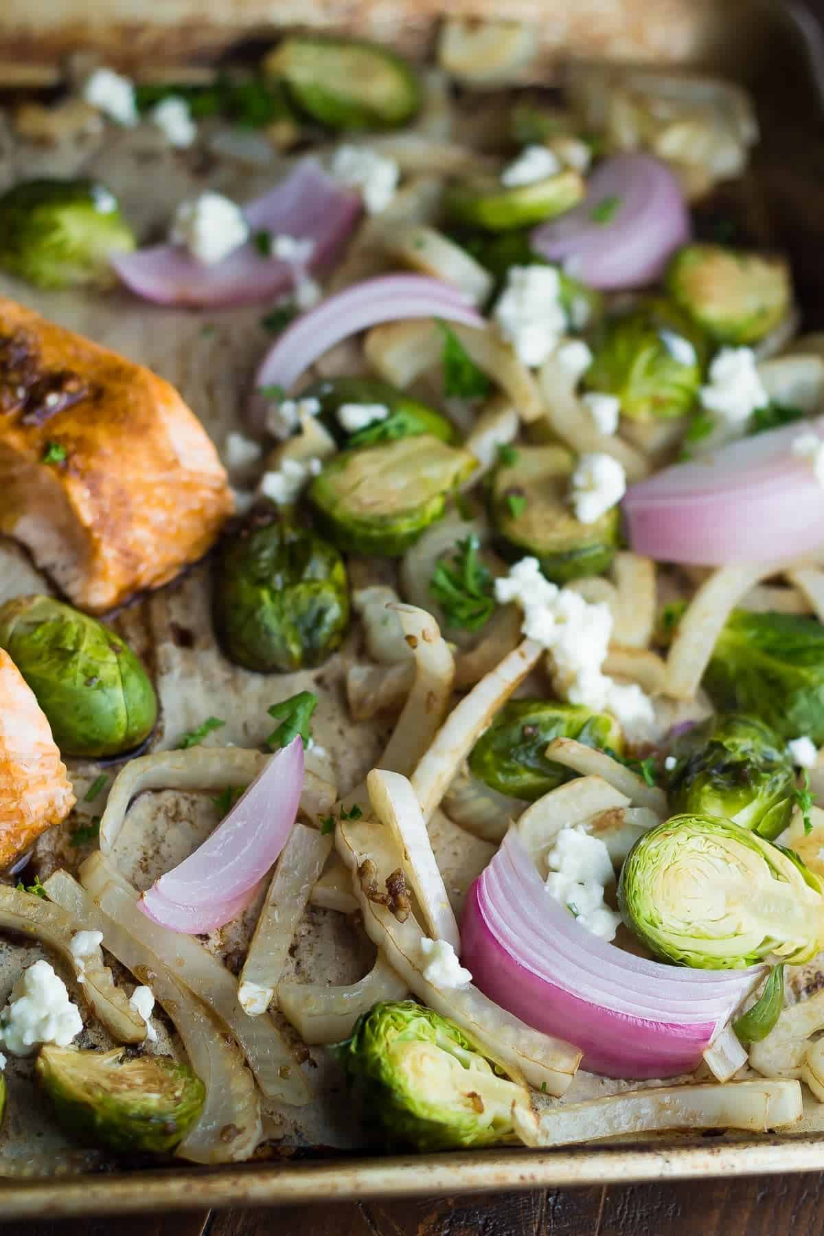 Roasted sheet pan veggies on a baking sheet