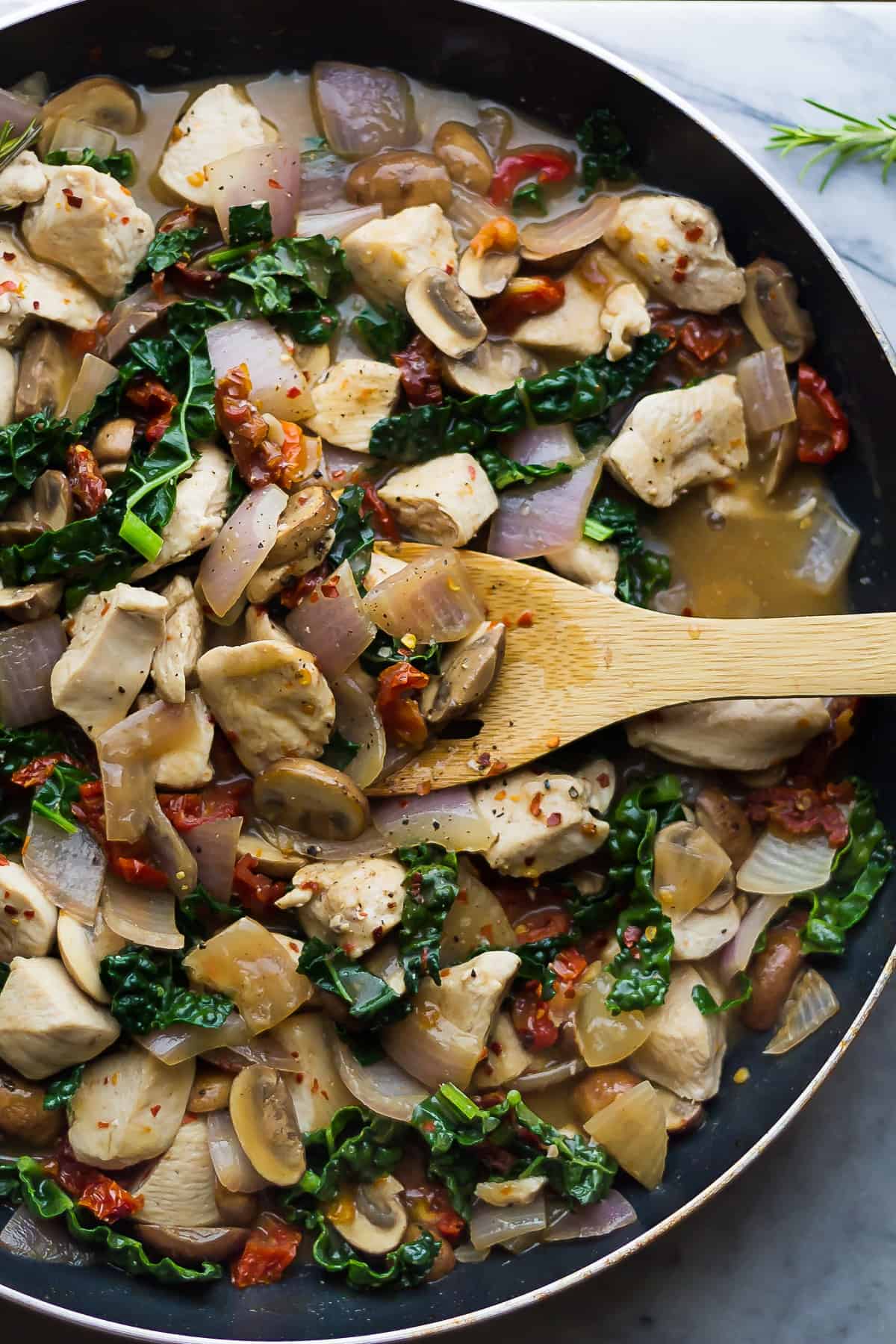 overhead view of tuscan chicken skillet