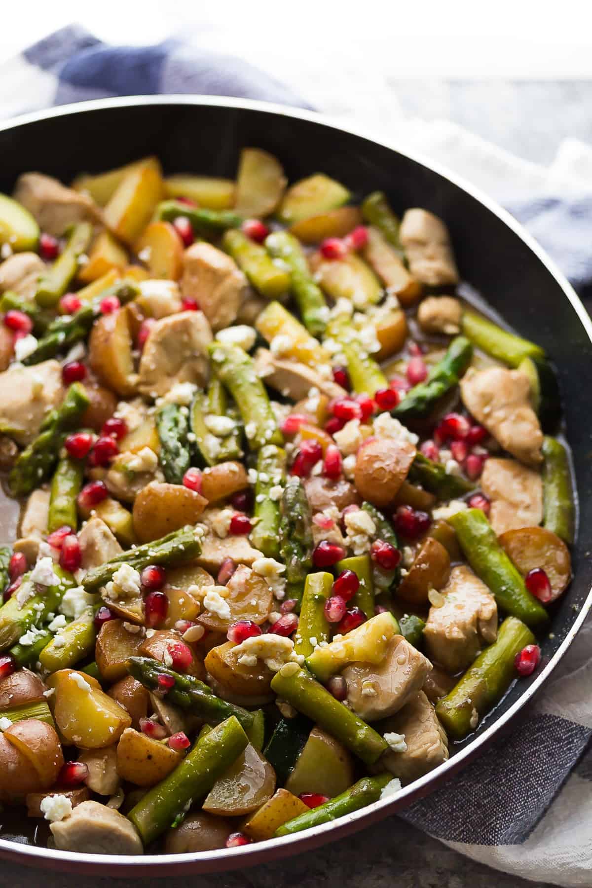 close up view of winter one pan chicken in a frying pan