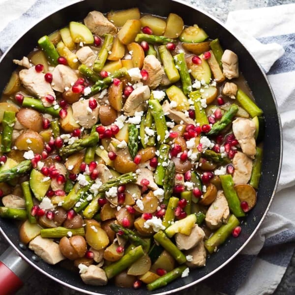 overhead shot of skillet with balsamic one pan chicken and veggies