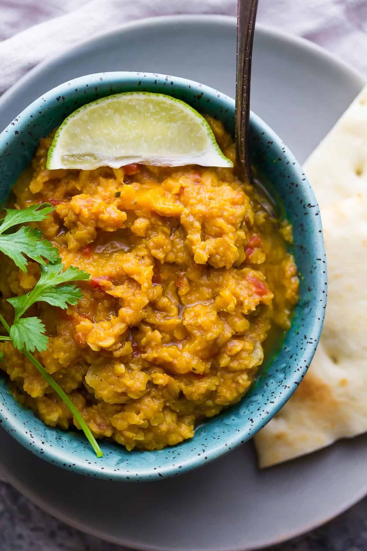 overhead view of slow cooker butternut squash lentil curry