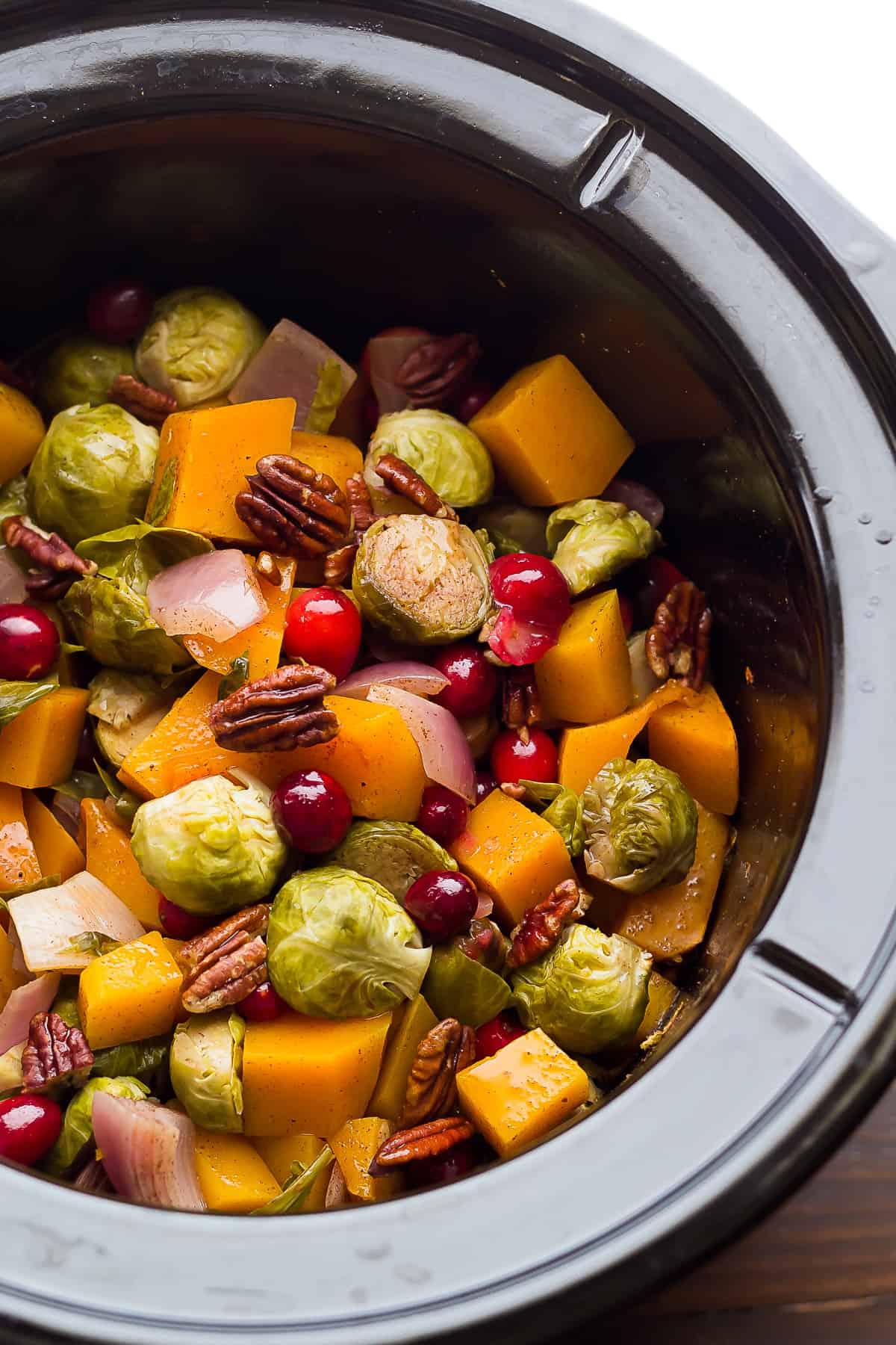 Slow Cooker Brussels Sprouts with Cranberries, Pecans and Butternut