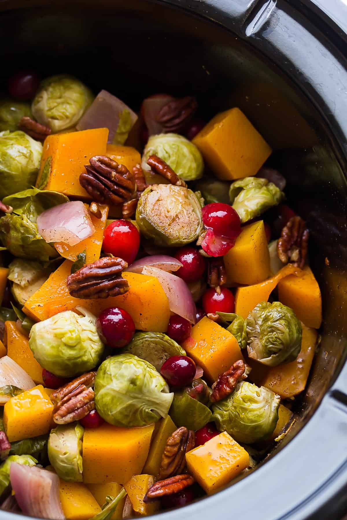 Slow Cooker Brussels Sprouts with Cranberries, Pecans and Butternut