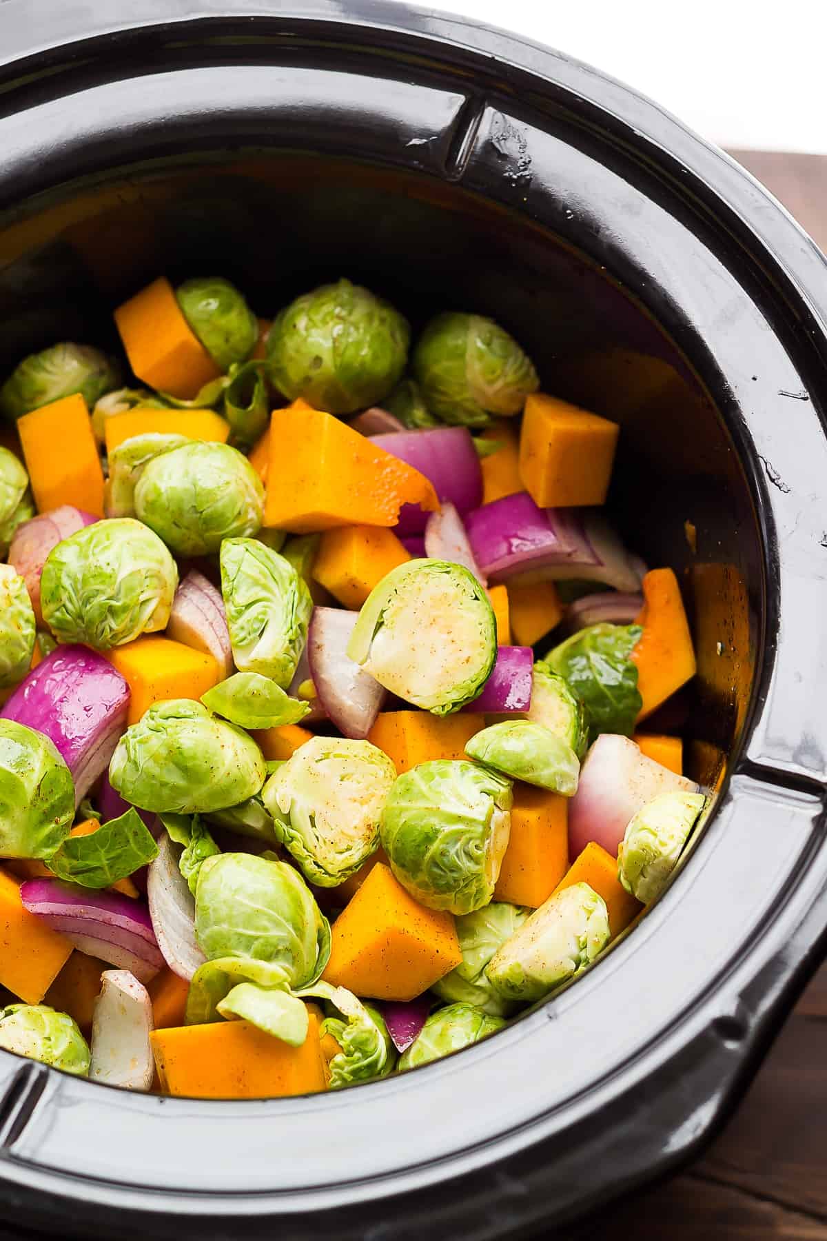 Slow Cooker Brussels Sprouts with Cranberries, Pecans and Butternut