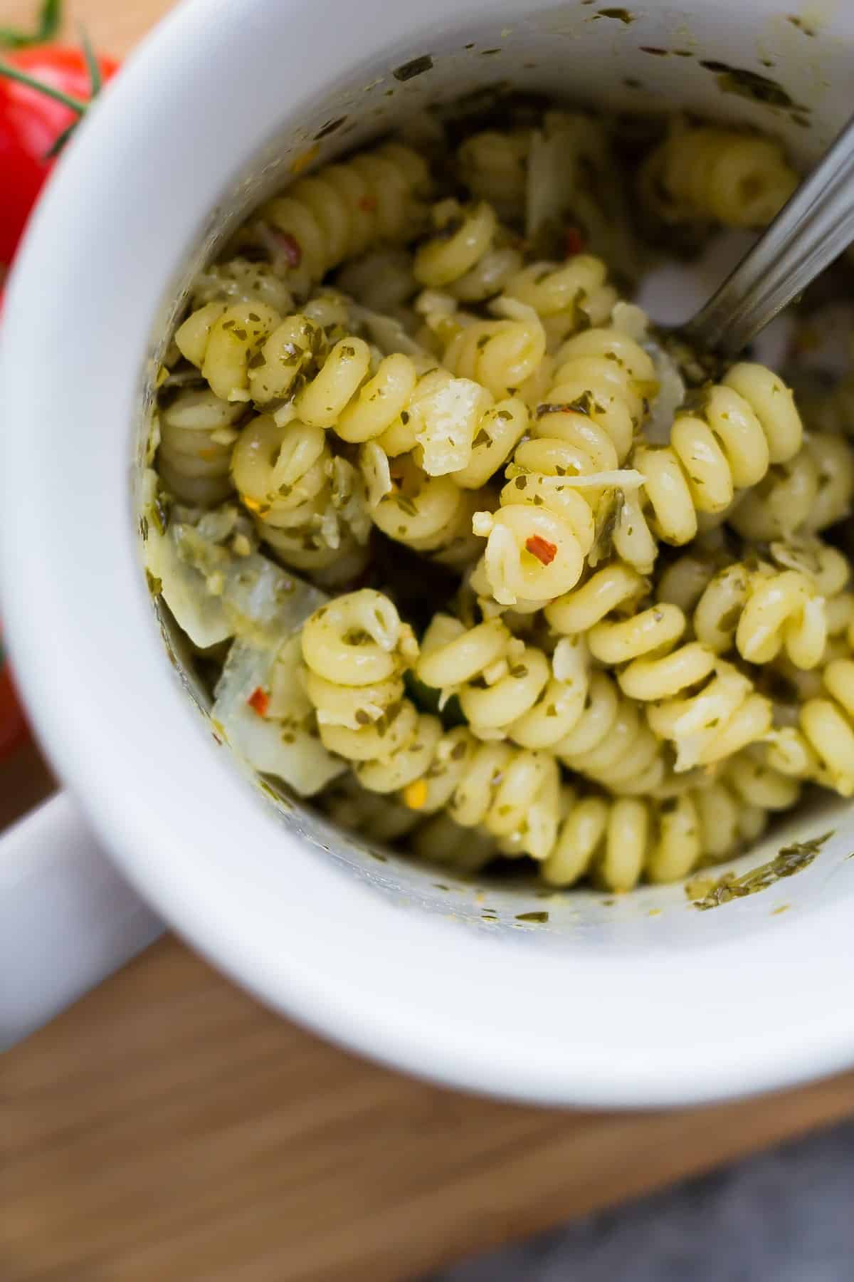 pesto chicken mug pasta in meal mug