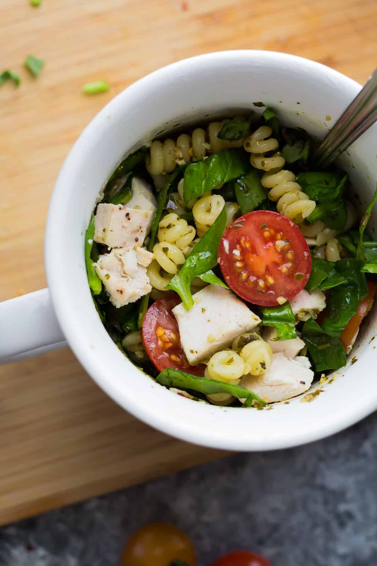 pesto chicken mug pasta in meal mug