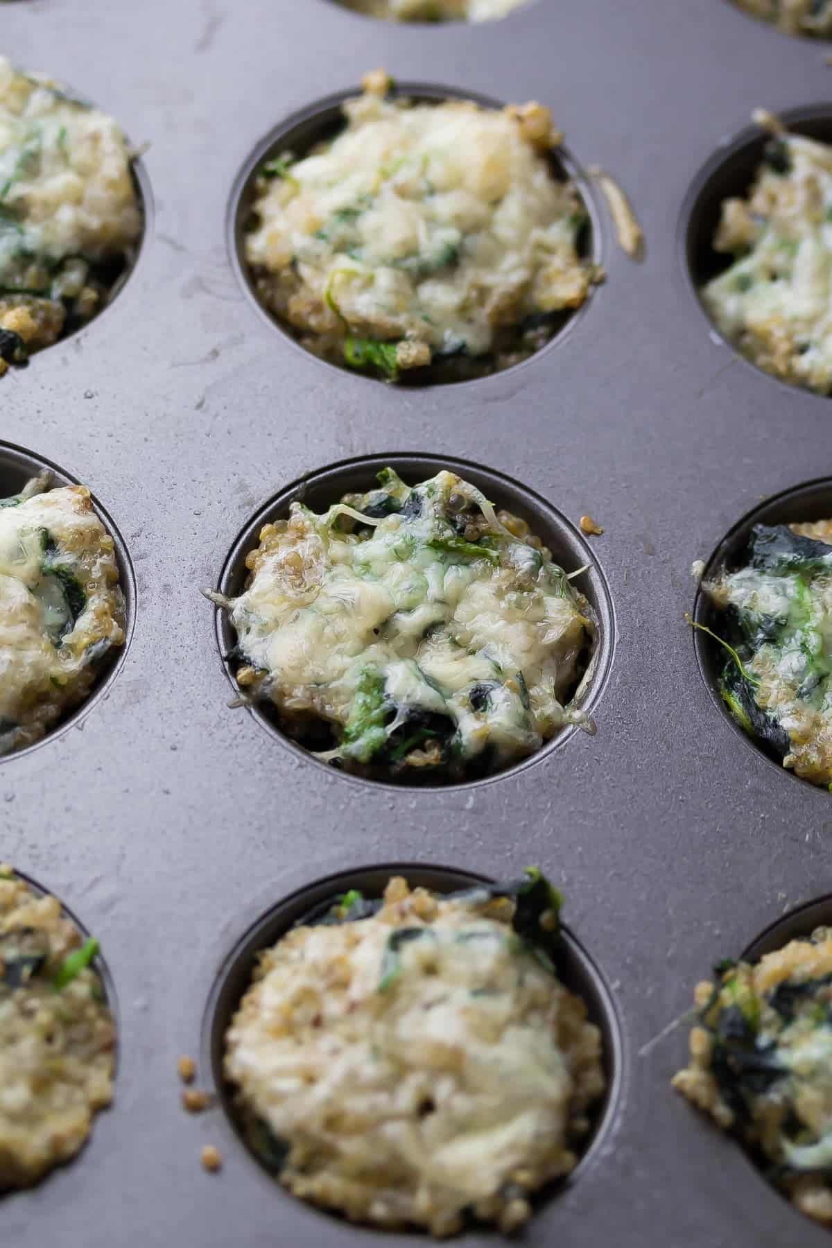 Cheesy Spinach Quinoa Cups in muffin tin after baking