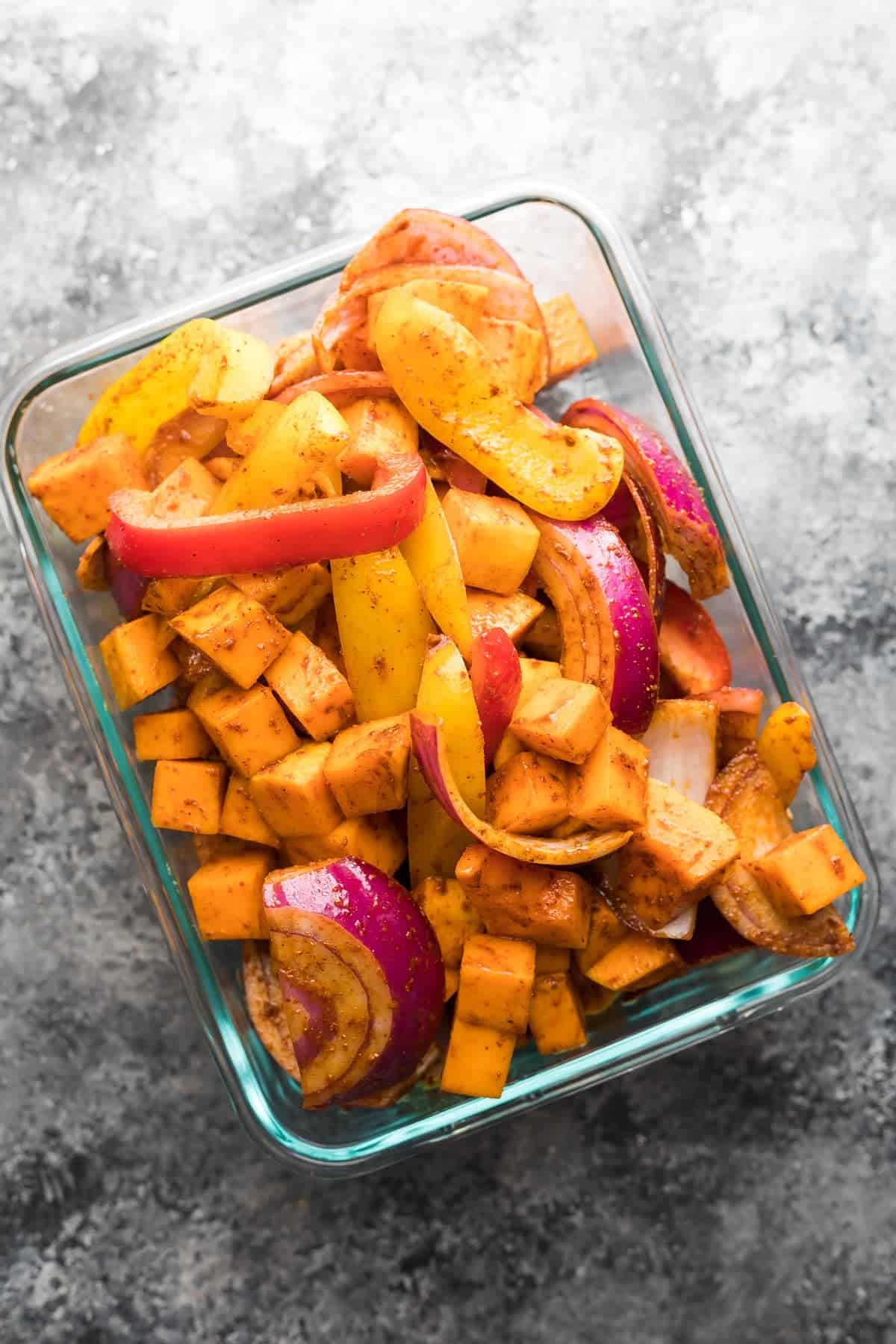 Chickpea Butternut Squash Fajitas in glass meal prep container