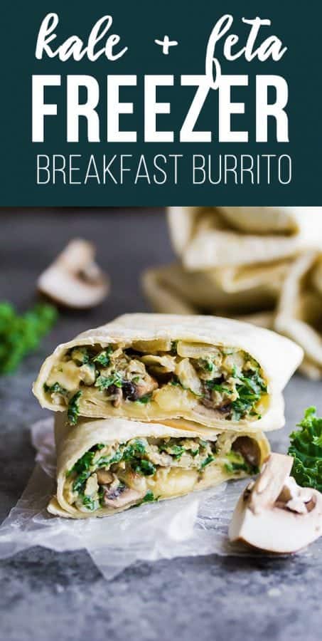 healthy breakfast burritos with kale, mushrooms and feta