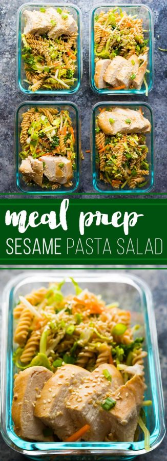 meal prep sesame chicken pasta salad