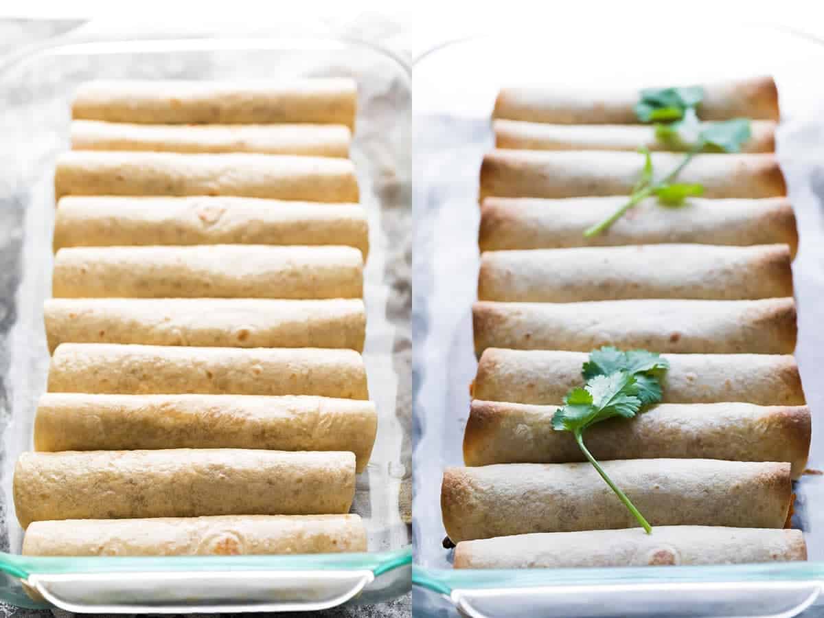 before and after shot of homemade taquitos baked in 9 x 13 inch dish